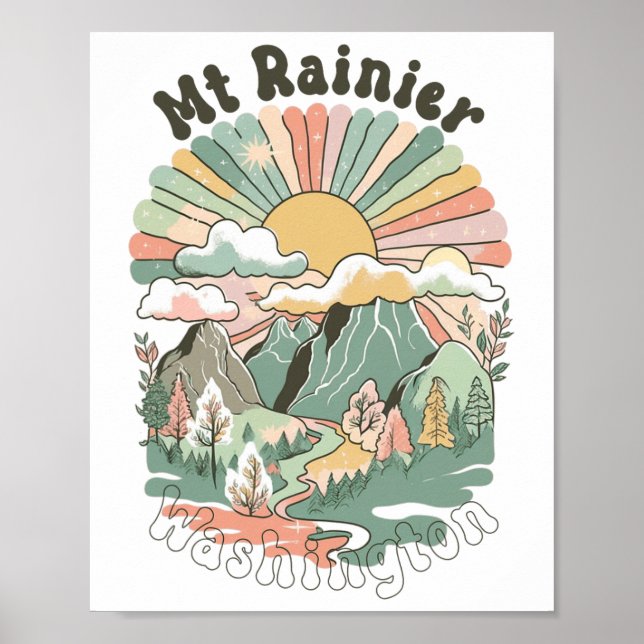 Poster Montanhas Vintage Mt Rainier Washington Caminhada  (Frente)