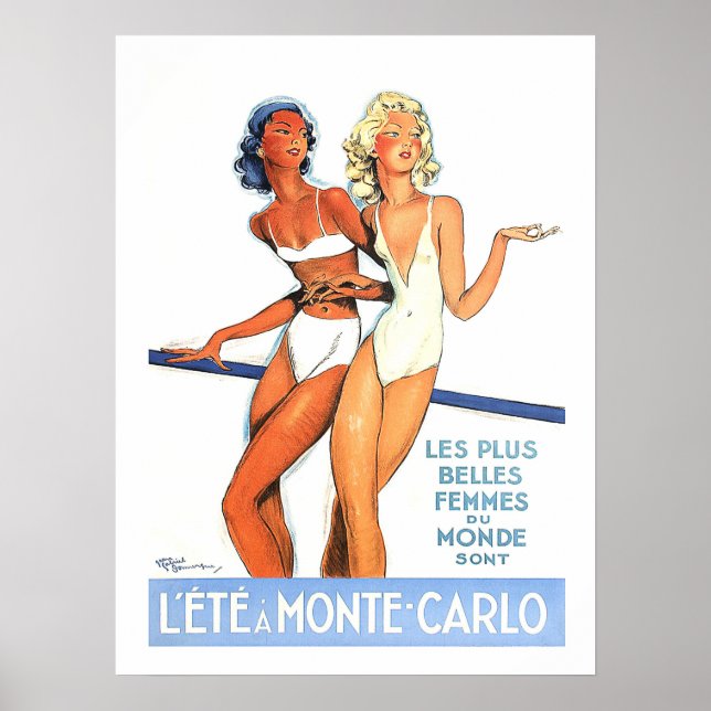 Poster Monte Carlo, mulheres em maiô, vintage, viagem (Frente)