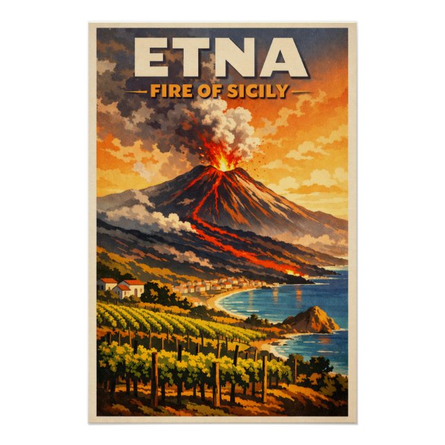 Pôster Monte Etna, Itália, em um clássico retrô (Frente)