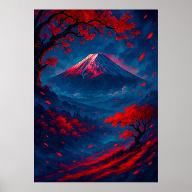 Poster Monte Fuji com Red Blossoms Fantasy Japonês (Frente)