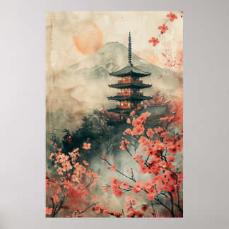 Poster Monte Fuji e Pagode – Paisagem Clássica Japonesa