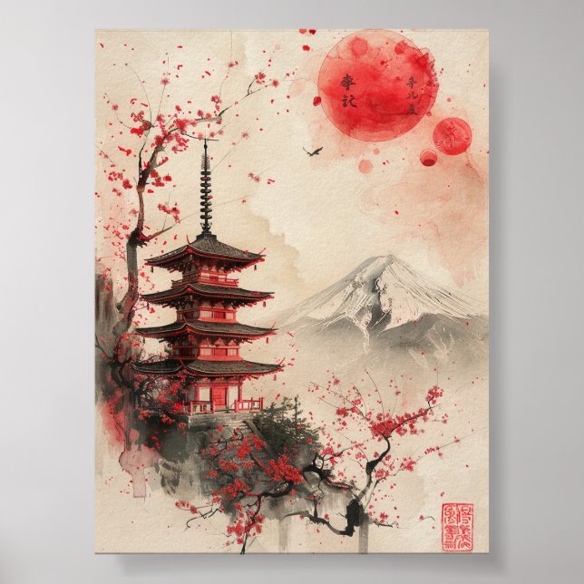 Poster Monte Fuji e Pagode – Paisagem Japonesa Clássica (Frente)