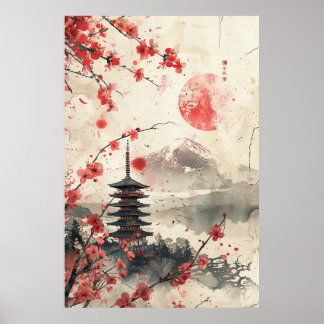 Poster Monte Fuji e Pagode – Paisagem Japonesa Clássica