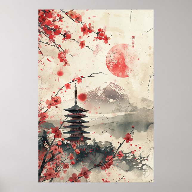 Poster Monte Fuji e Pagode – Paisagem Japonesa Clássica (Frente)