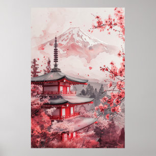 Poster Monte Fuji e Pagode – Paisagem Japonesa Clássica