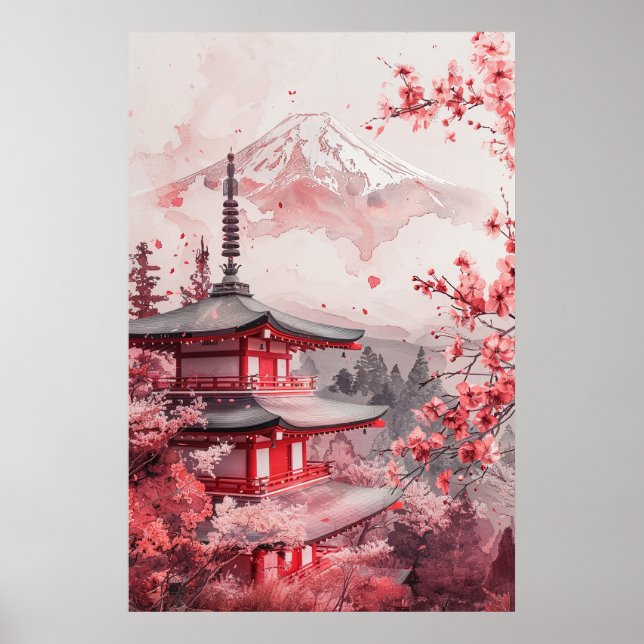 Poster Monte Fuji e Pagode – Paisagem Japonesa Clássica (Frente)