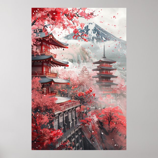 Poster Monte Fuji e Pagode – Paisagem Japonesa Clássica (Frente)