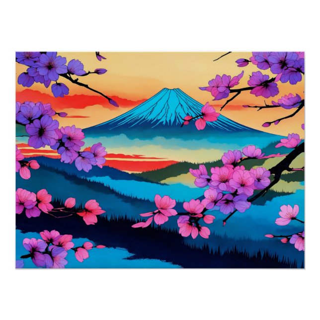 Pôster Monte Fuji e Sakura Blossom Arte Cênica (Frente)