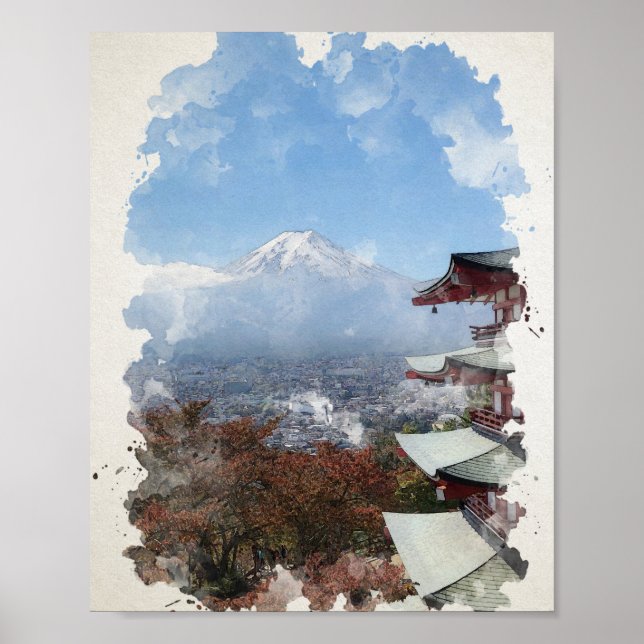 Poster Monte Fuji Japan Watercolor Art (Frente)