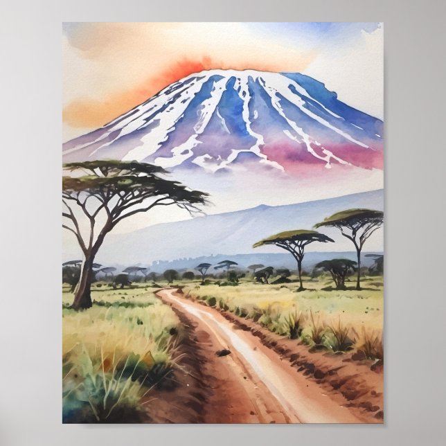 Poster Monte Kilimanjaro Tanzânia Watercolor (Frente)