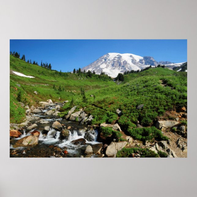 Poster Monte Rainier, cachoeira, coberto de neve (Frente)
