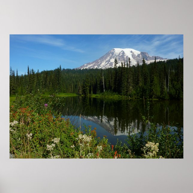 Poster Monte Rainier Lake Refletido com flores selvagens (Frente)