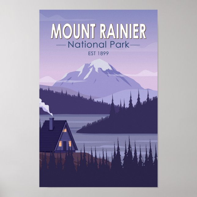 Poster Monte Rainier National Park Washington Cabin Retro (Frente)