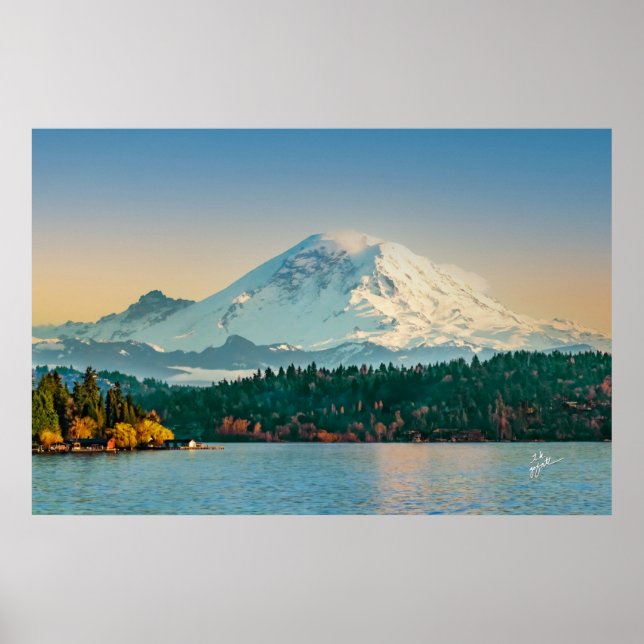 Poster Monte Rainier sobre o lago Washington Sunset Fine  (Frente)
