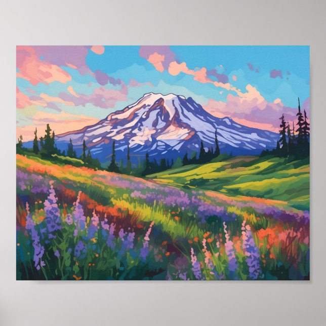 Poster Monte Rainier Washington Watercolor Art (Frente)