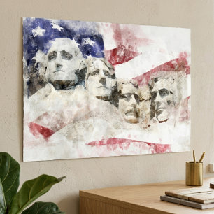 Poster Monte Rushmore com a bandeira americana acenando