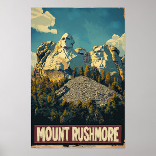 Poster Monte Rushmore EUA Arte Ilustração Vintage Viagem