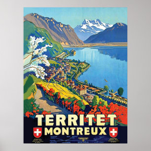 Poster Montreux, Areal view, montanhas, lago, Suiça