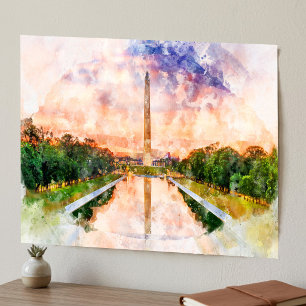 Poster Monumento a Washington em aquarela durante o pôr d