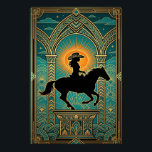 Poster Monumento de Cavaleira Art Deco Explosão Solar<br><div class="desc">Uma majestosa homenagem arquitetônica ao espírito do Oeste. Esta obra de arte apresenta uma silhueta preta de uma vaqueira montada a cavalo, apresentada como um monumento no topo de um pedestal ornamentado em Art Deco. Enquadrado por um arco geométrico estilo catedral imponente e uma explosão solar laranja vibrante, o céu...</div>