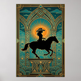 Poster Monumento de Cavalos da Cowgirl Art Déco Sunburst
