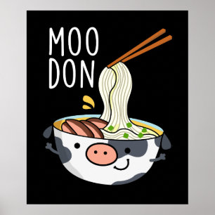 Poster Moo-don Funny Udon Pun Fundo Preto Escuro