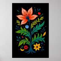Moody Black Boho Floral Tree Folk Art