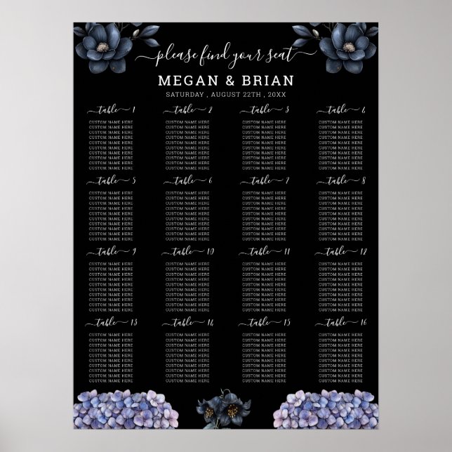 Poster Moody Black Floral Classic Wedding Seating Chart (Frente)