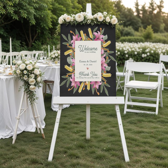 Poster Moody Blush Lily Black Floral Wedding Welcome Sign (Moody Blush Lily Wedding Welcome Poster | Elegant Black Floral Botanical Wedding Sign)