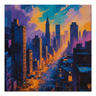 Pôster Moody Cityscape em Dusk com luzes de neon