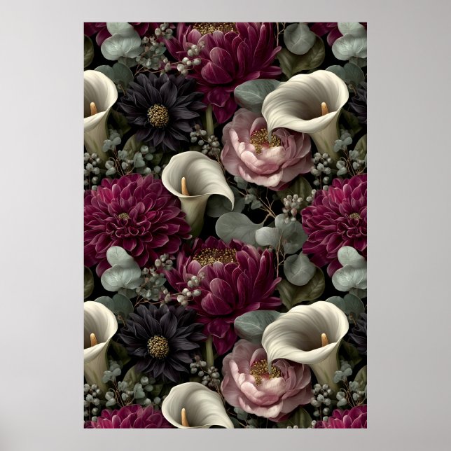 Poster Moody Floral Pattern with Dahlias and Calla Lilies (Frente)