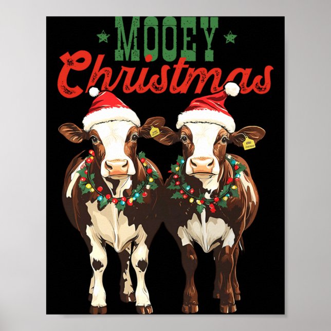 Poster Mooey Christmas Cow With Santa Hats Xmas Lights Me (Frente)