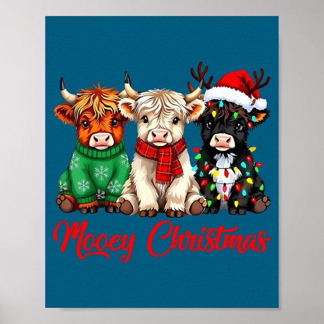 Poster Mooey Christmas Lights Santa Hat Xmas Highland Cow (Frente)