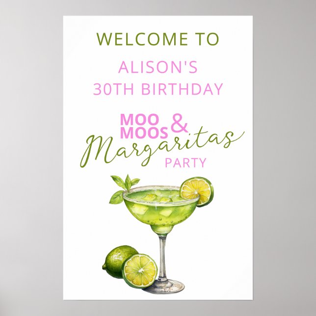 Poster MooMoos & Margaritas Pink Birthday Welcome Sign (Frente)