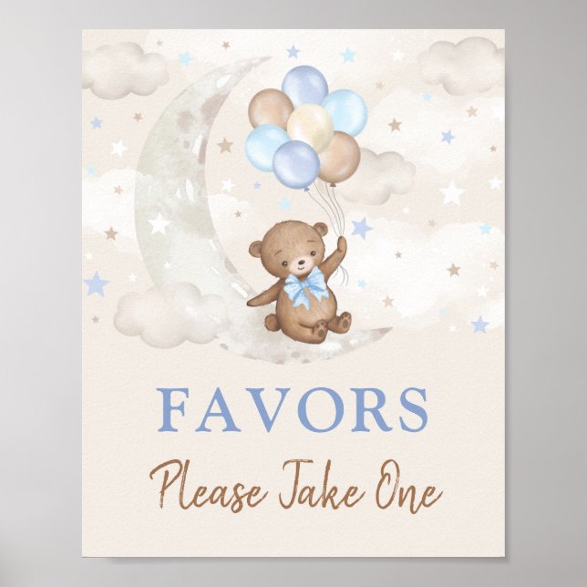 Poster Moon Teddy Bear Blue Brown Balões Favoritos Sinal (Frente)