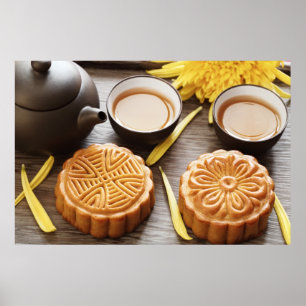 Pôster Mooncake e chá, festival meados de chinês do