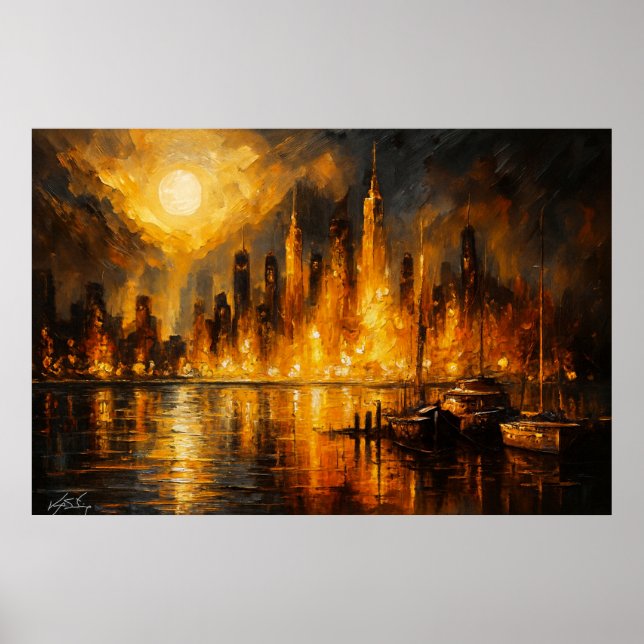 Poster Moonfire Skyline - Paisagem Urbana Ardente sob Lua (Frente)