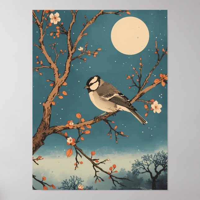 Poster - Moonlit Bird on Blossom Branch (Frente)