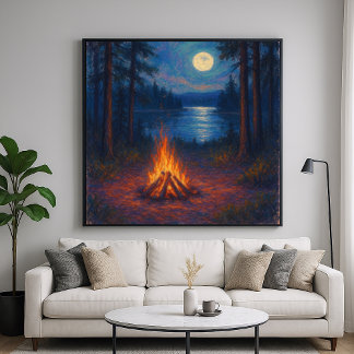 Poster Moonlit Campfire Lake - Pastel Painting Style Art