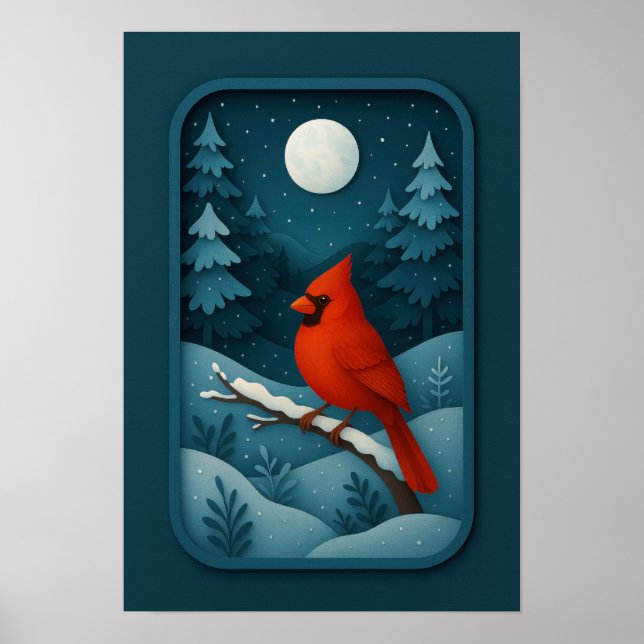 Poster Moonlit Cardinal in Winter Forest (Frente)