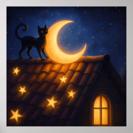 Poster Moonlit Cat on Starry Rooftop