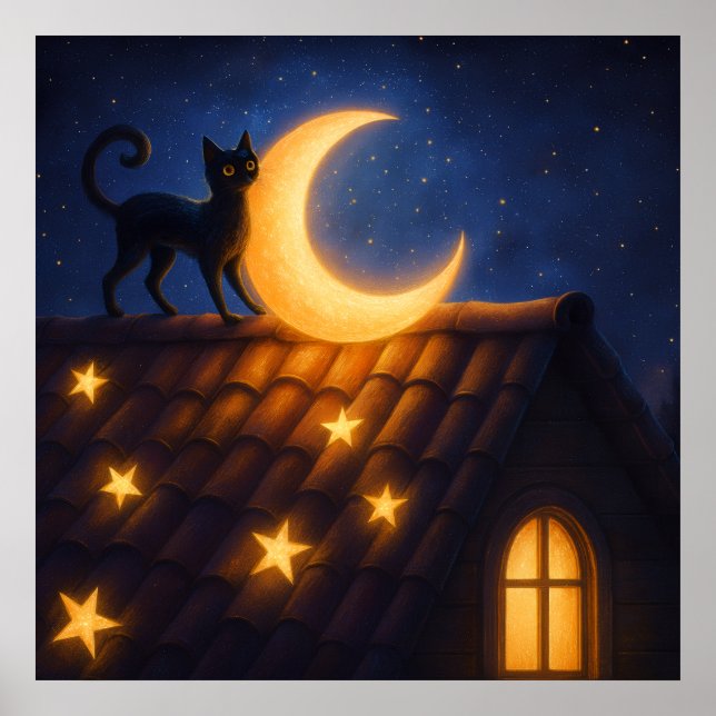 Poster Moonlit Cat on Starry Rooftop (Frente)