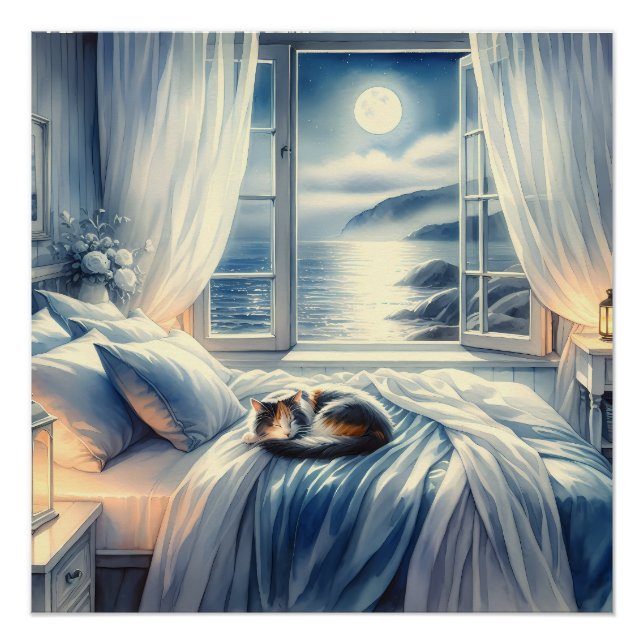 Pôster Moonlit Coastal Bedroom with Sleeping Cat (Frente)