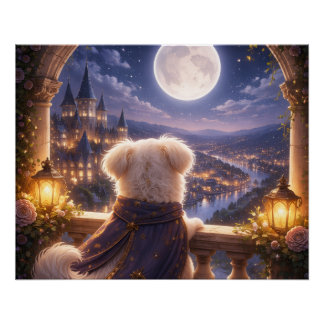 Pôster Moonlit Dream – Dog Watching a Magical City