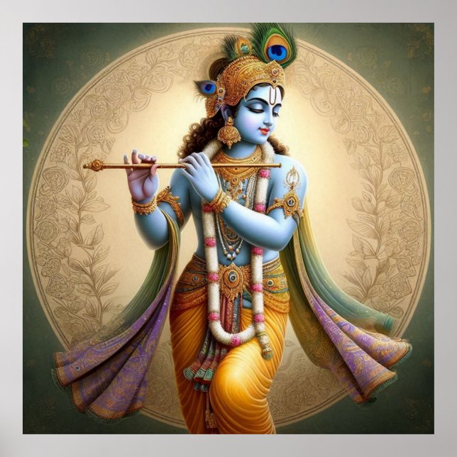 Poster Moonlit Krishna Art: Flute Deity, Espiritual India (Frente)