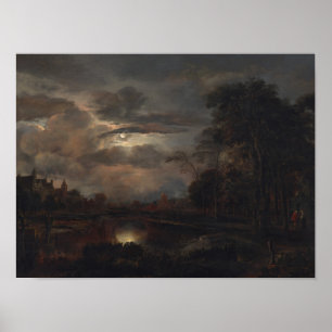 Poster Moonlit Landscape with Bridge