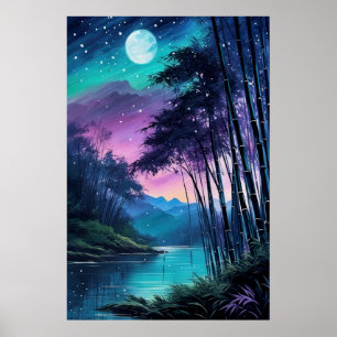 Poster Moonlit Oasis: Bamboo-Clad Riverbank