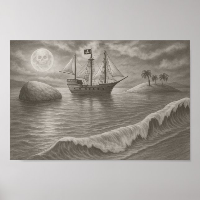 Poster Moonlit Pirate Ship Drawing – Nautical Fantasy (Frente)