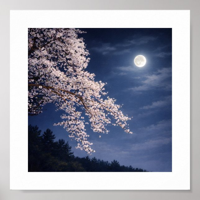 Poster Moonlit Sakura – Cherry Blossoms Under a Full Moon (Frente)