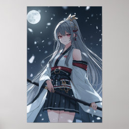 Poster Moonlit Snow Samurai — Elegant Anime Girl Warrior